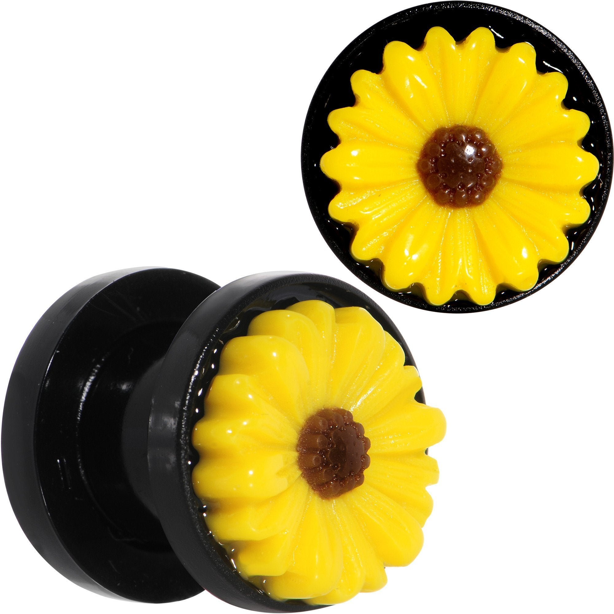 Black Acrylic Simply Sunny Sunflower Screw Fit Plug Set Available in Sizes 5mm to 25mm