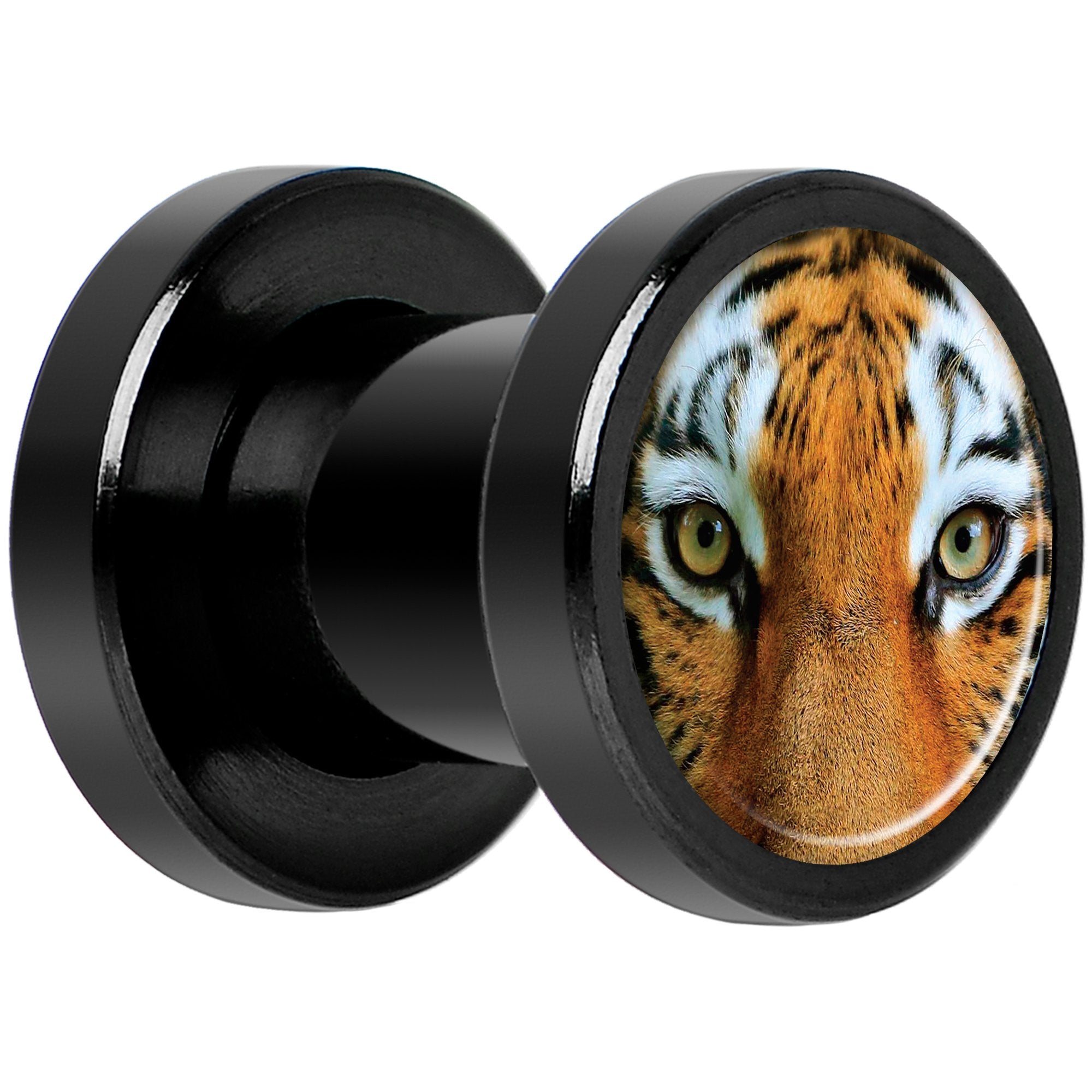 Full Color Tiger Eyes Black Anodized Screw Fit Plug Set 2 Gauge