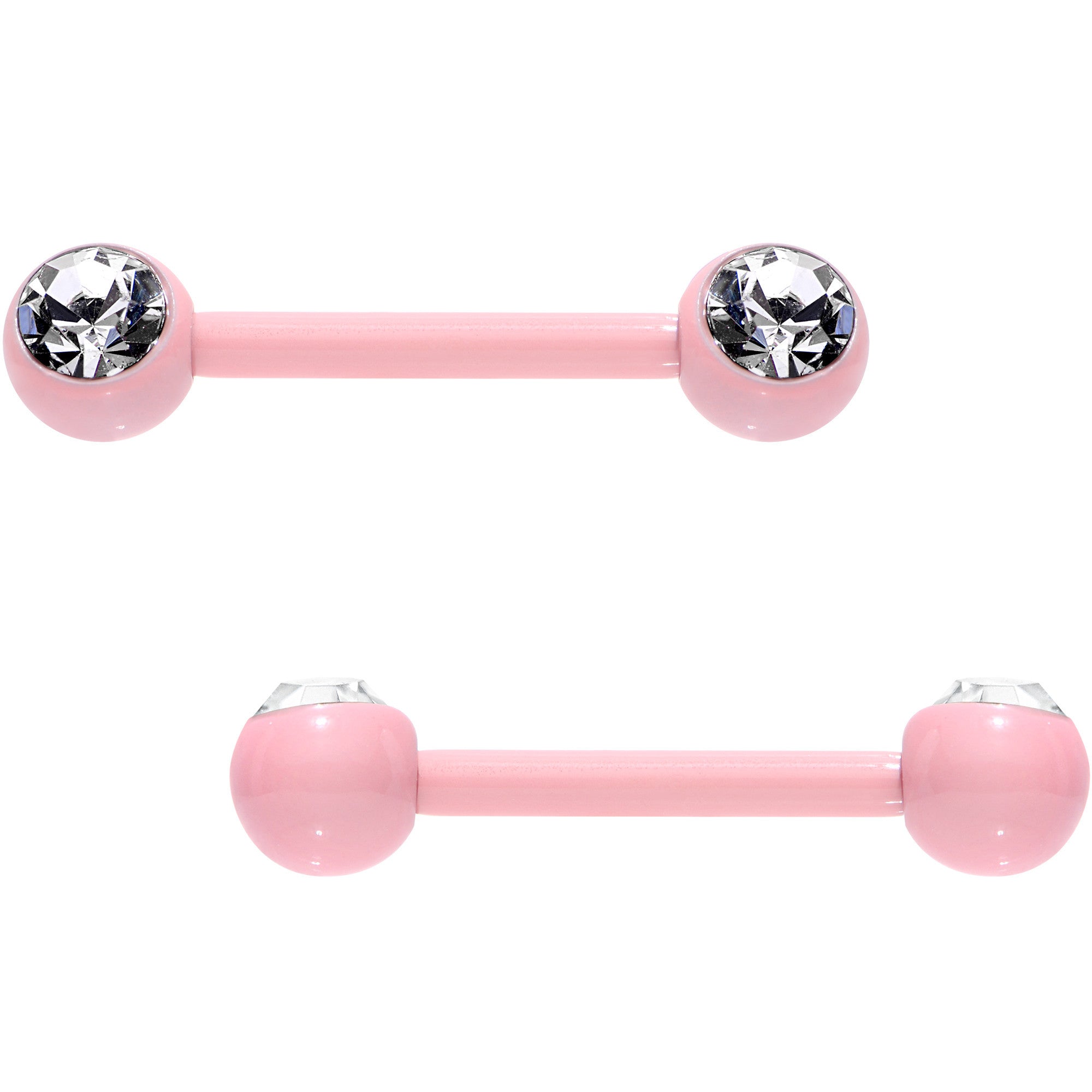14 Gauge 1/2 Clear Gem Pink Ceramic Steel Barbell Nipple Ring Set