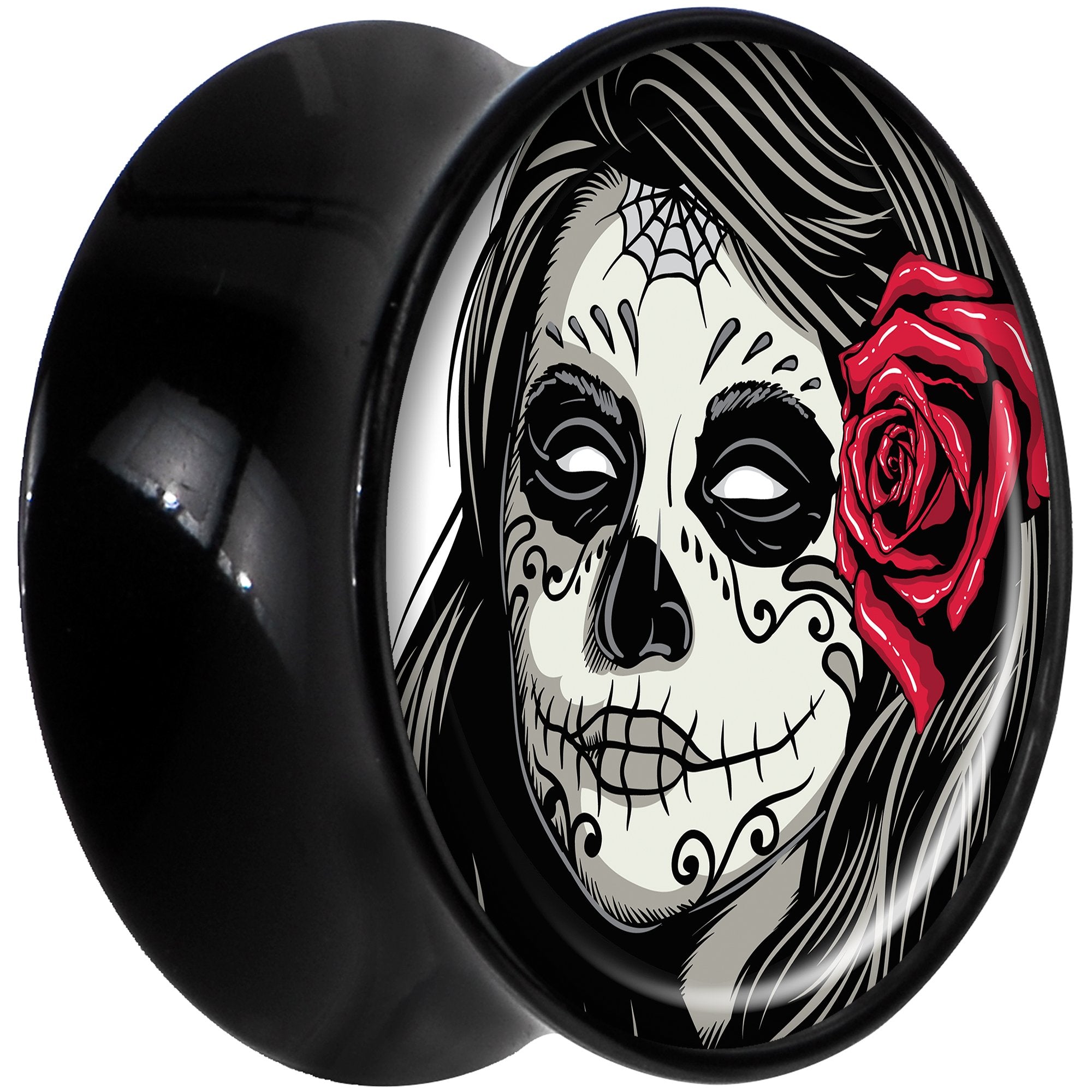 Black Acrylic Katrina Sugar Skull with Rose Flower Saddle Plug Set 5/8