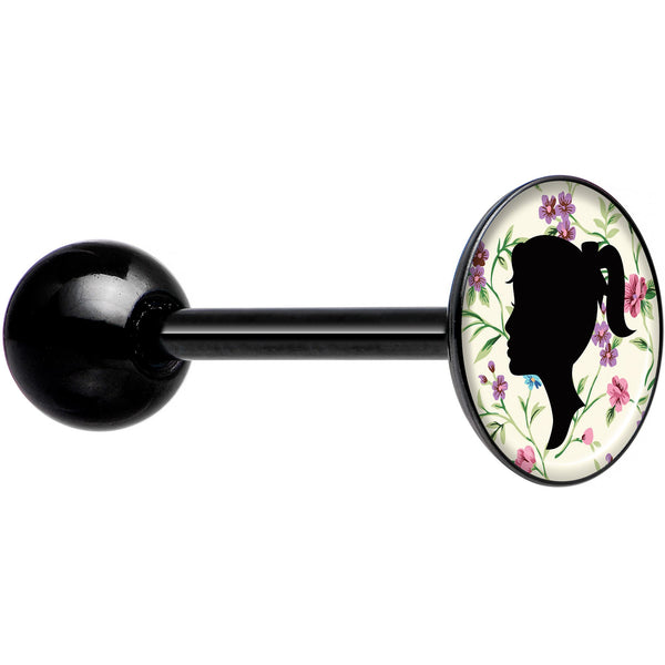 Woman Floral Silhouette Black Barbell Tongue Ring