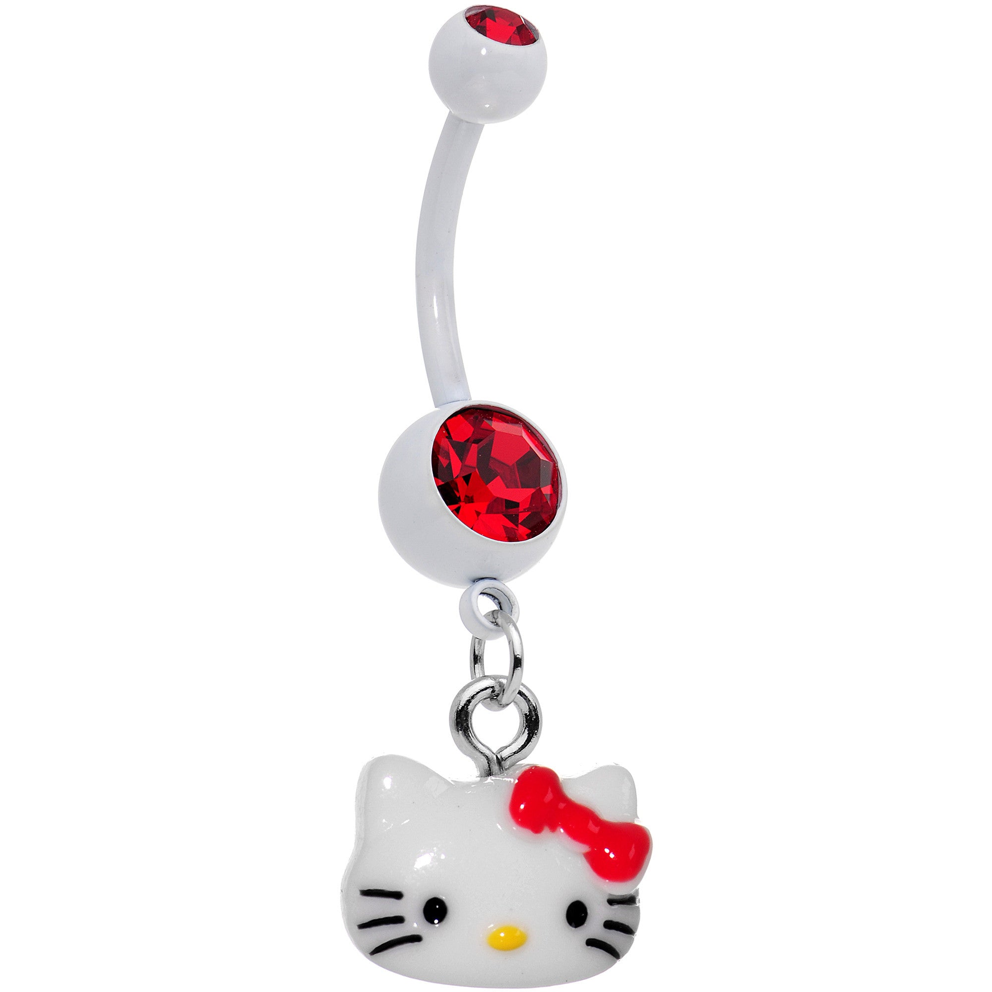 Officially Licensed Hello Kitty Cat Red Gem White Enamel Dangle Belly Ring