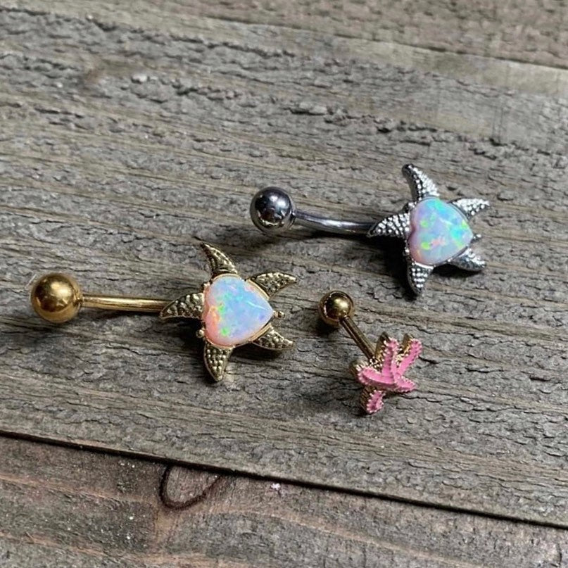 White Synthetic Opal Rose Gold Tone Heart Starfish Nautical Belly Ring