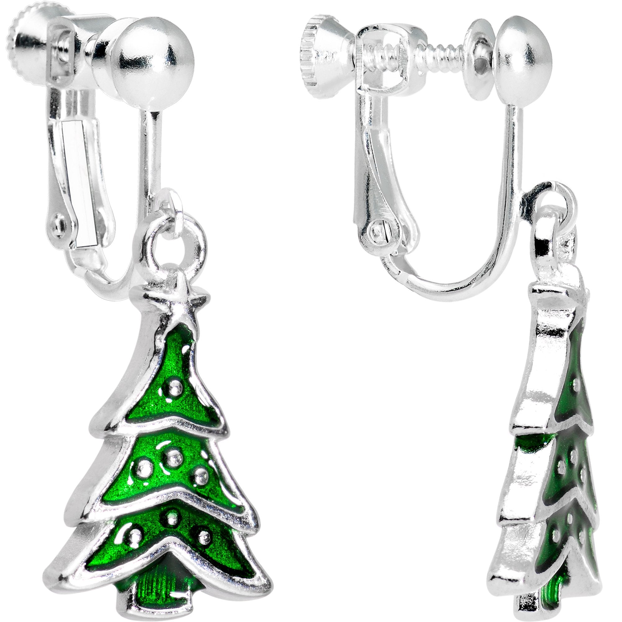 Silver Plated Classic Christmas Tree Dangle Clip On Earrings