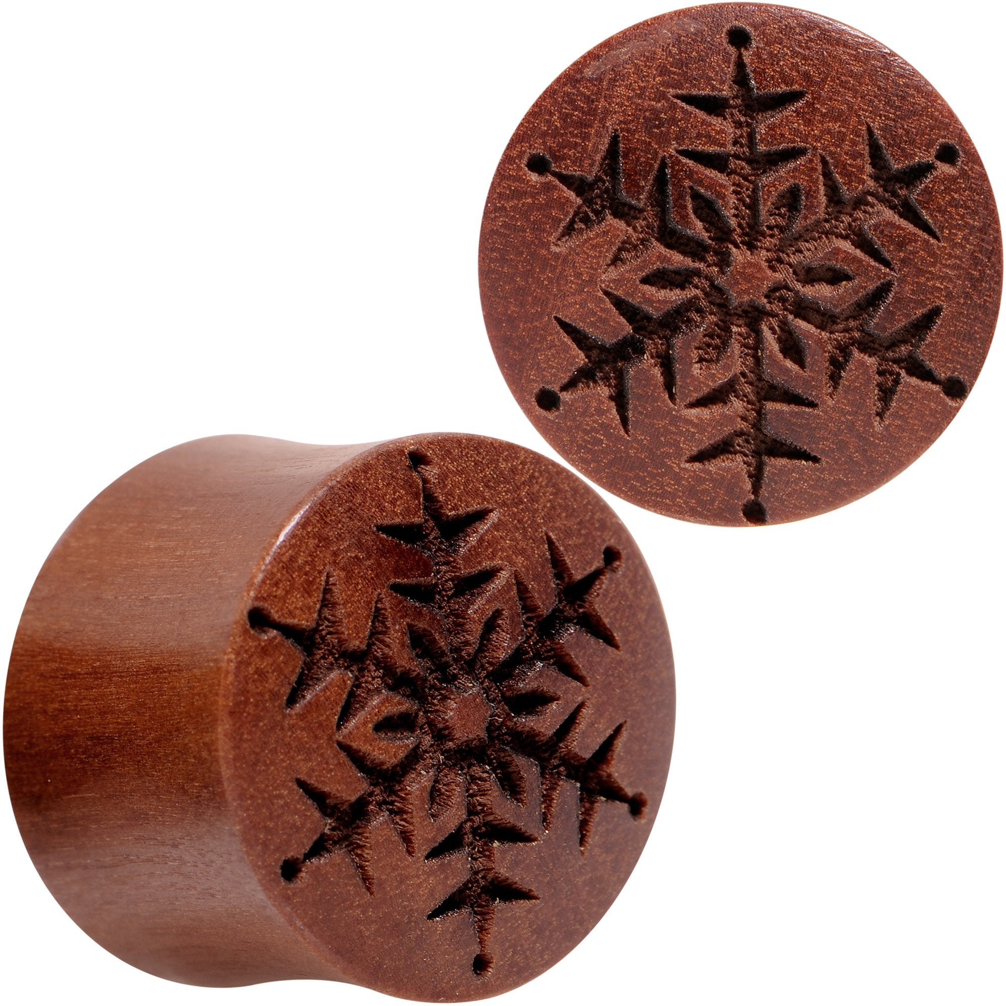 Organic Sawo Wood Holiday Winter Snowflake Saddle Plug Set Sizes 8mm to 25mm