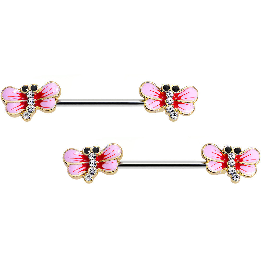 14 Gauge 5/8 Clear Gem Pretty Pink Dragonfly Barbell Nipple Ring Set