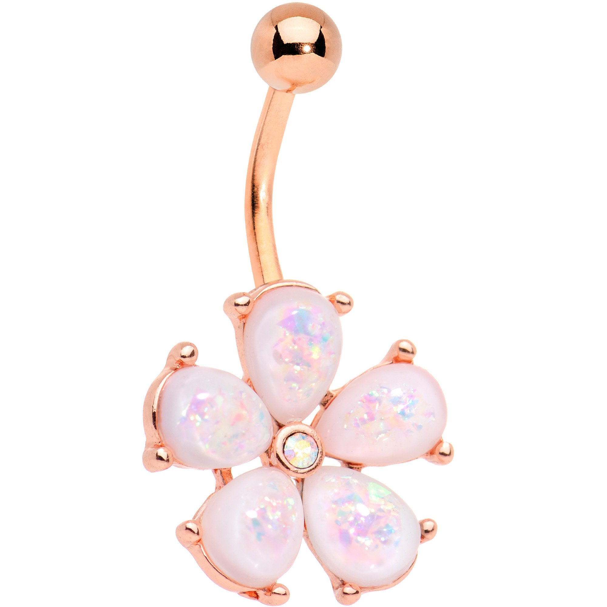 White Faux Opal Rose Gold IP Five Petal Flower Belly Ring