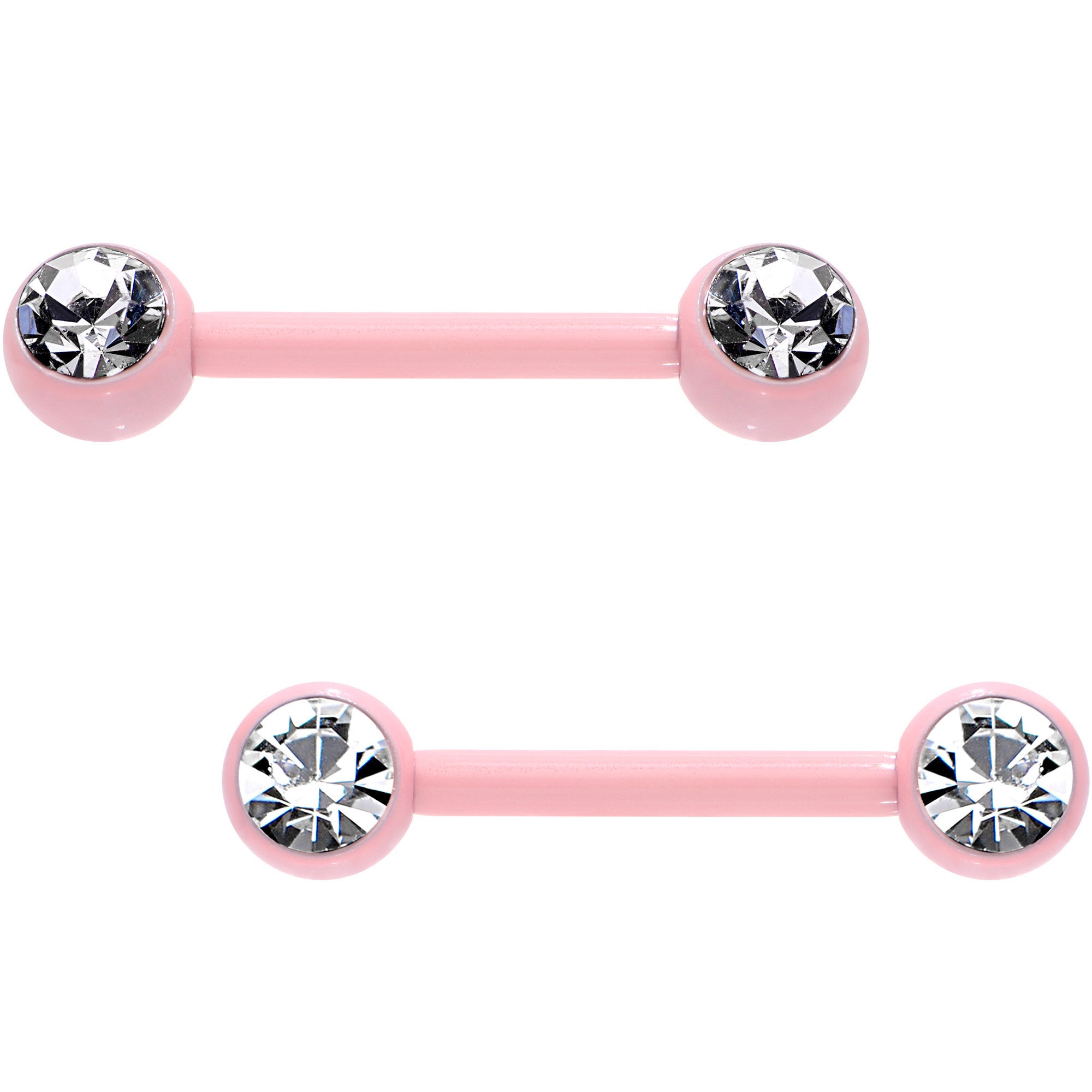 14 Gauge 1/2 Clear Gem Pink Ceramic Steel Barbell Nipple Ring Set