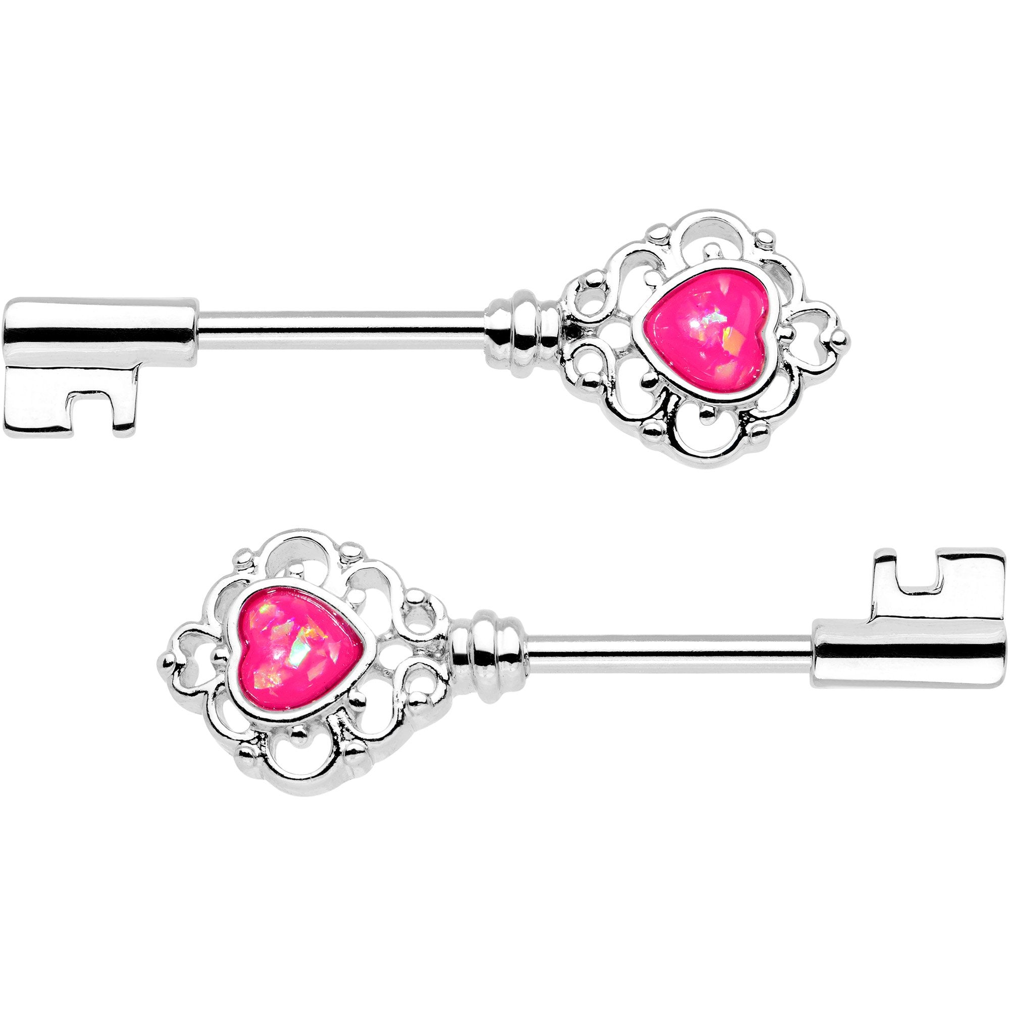 1/2 Pink Faux Opal Heart Key Barbell Nipple Ring Set
