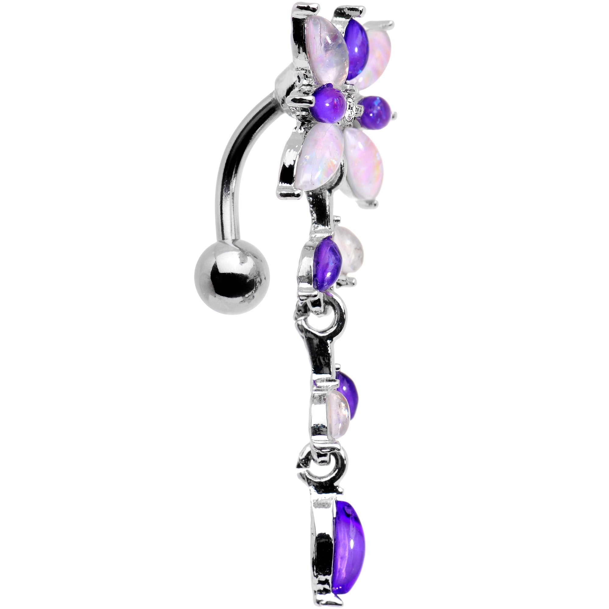 White Purple Gem Frosted Flower Trail Top Mount Dangle Belly Ring