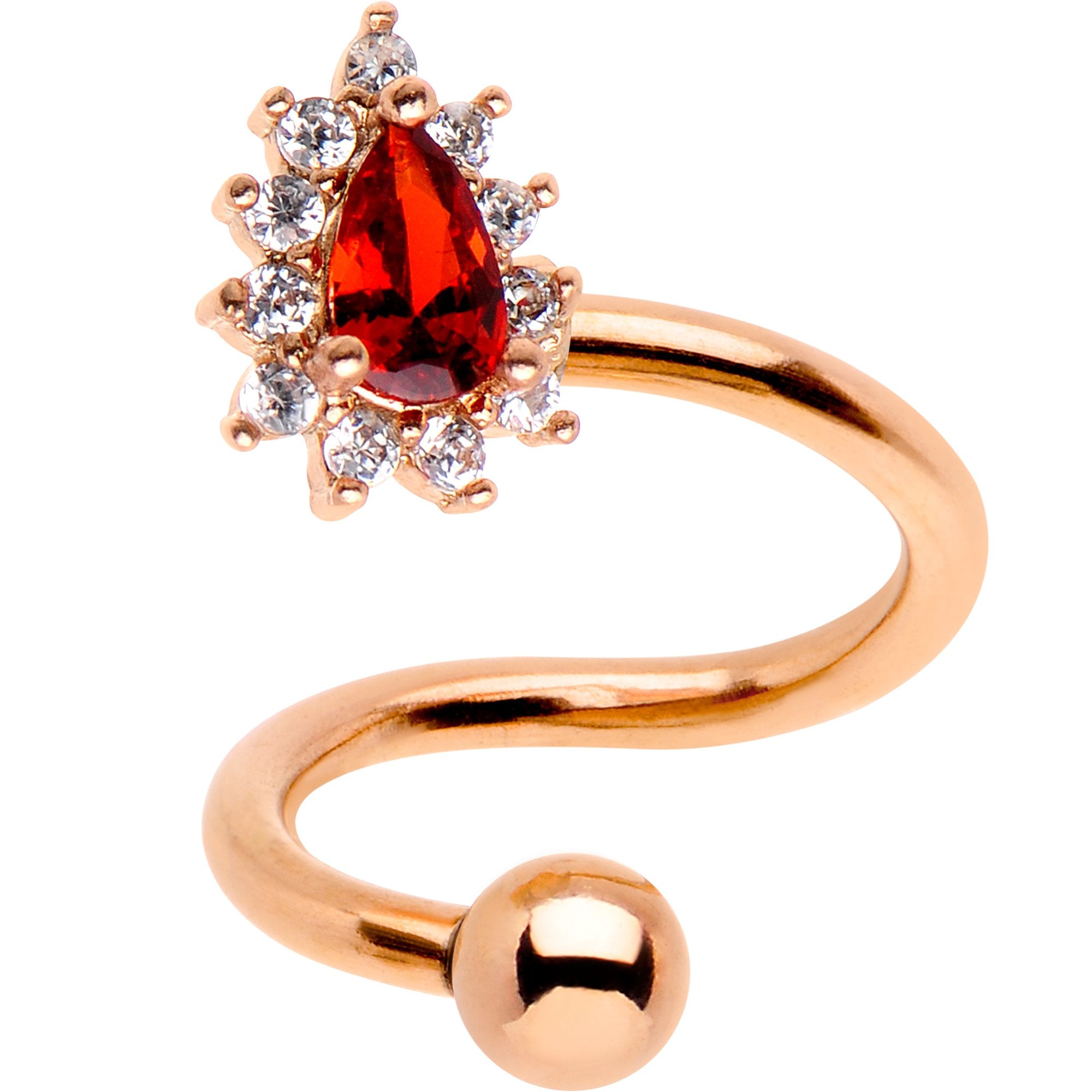 Red CZ Gem Rose Gold PVD Teardrop Spiral Twister Top Mount Belly Ring