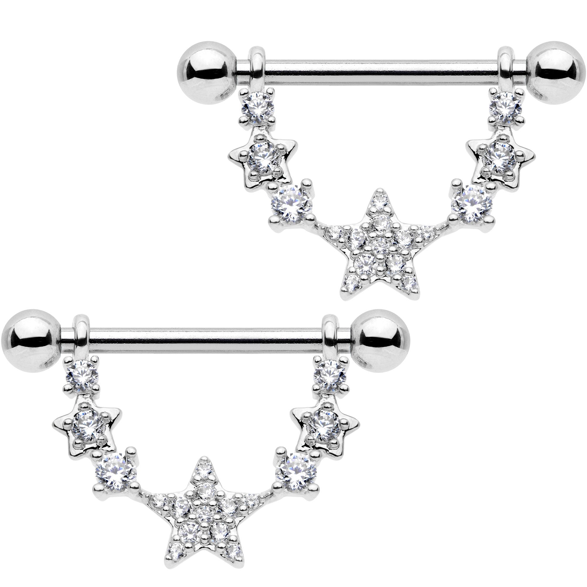 9/16 Clear CZ Gem Star Dangle Barbell Nipple Ring Set