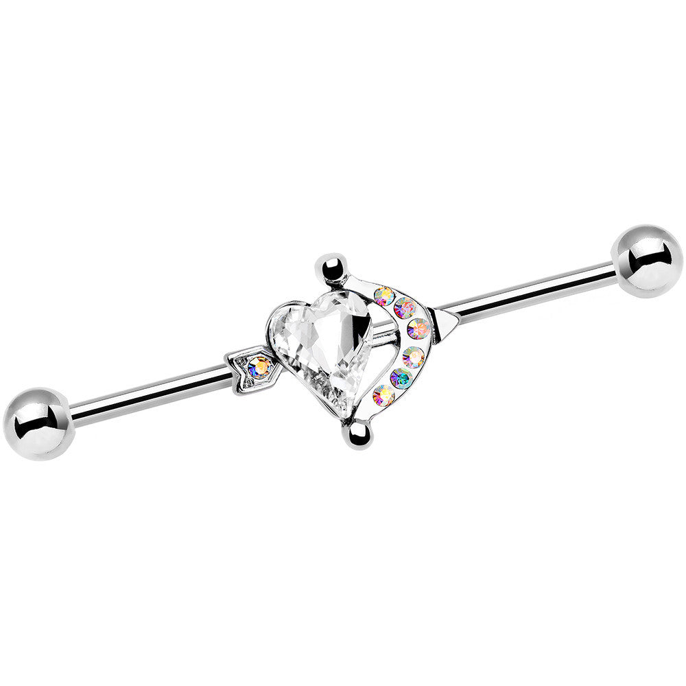 White Aurora Gem Heart and Arrow Calling Cupid Industrial Barbell 38mm