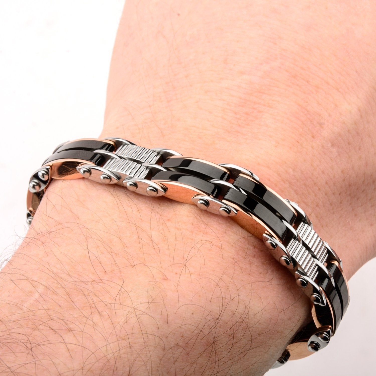 Mens Stainless Steel Black & Rose Gold IP H Link Reversible Bracelet