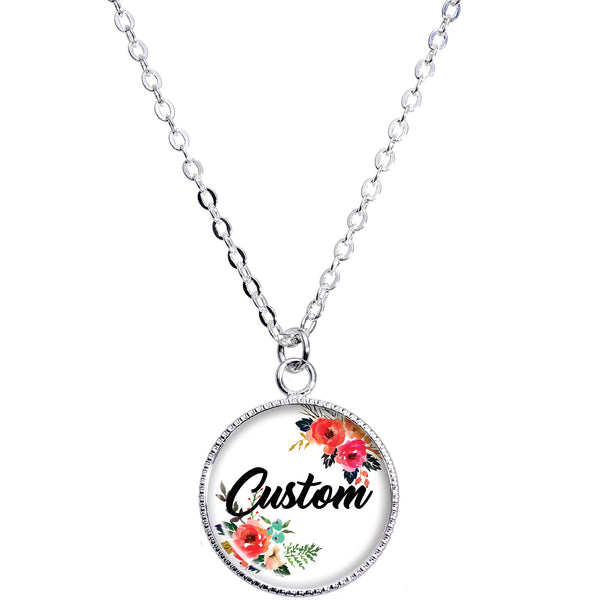 Custom Floral Personalized Name Silver Plated Chain Necklace