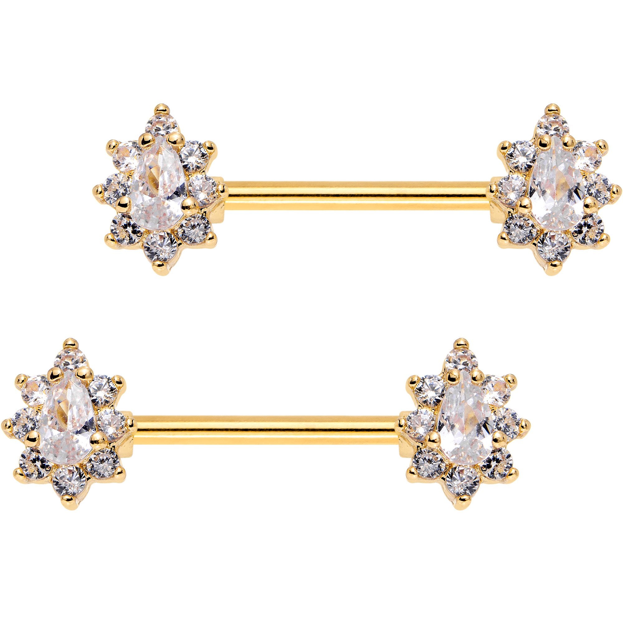 Clear CZ Gem Gold Plated Teardrop Star Barbell Nipple Ring Set