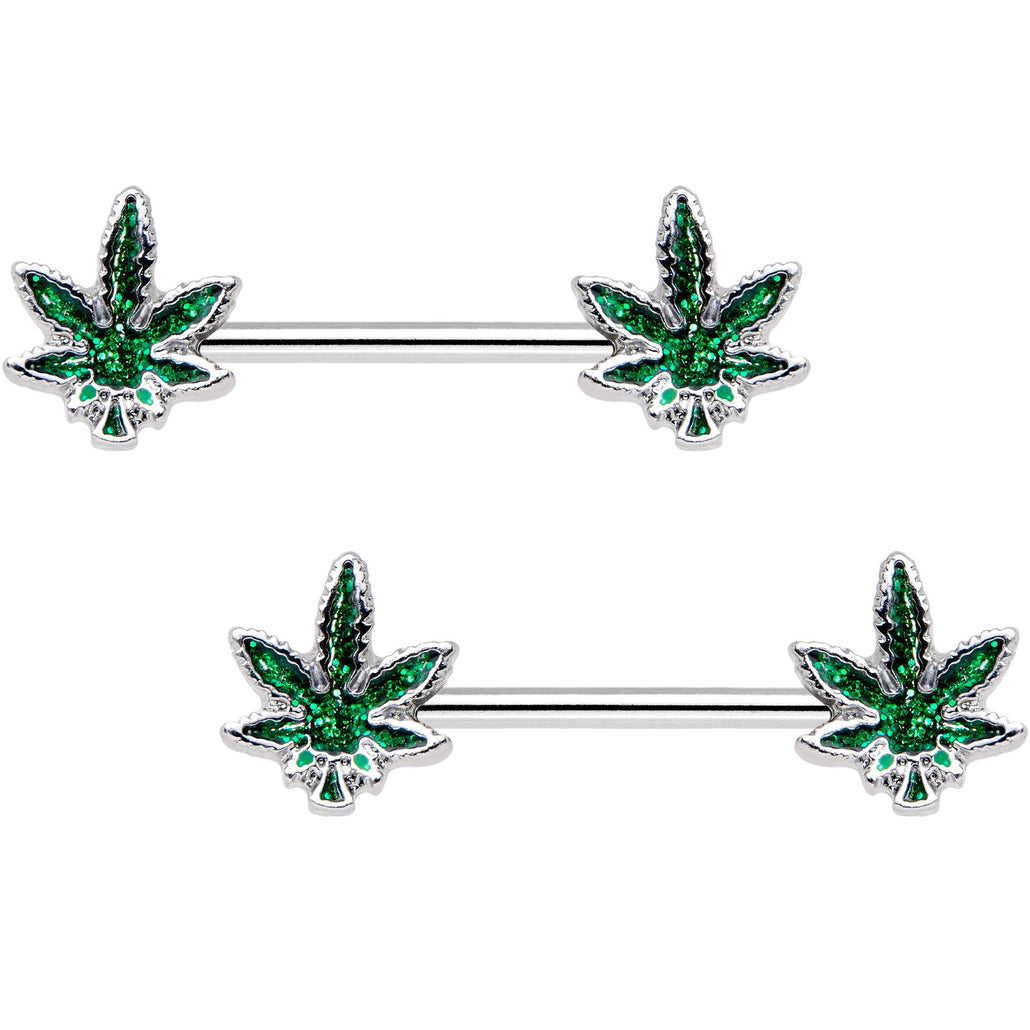 Green Marijuana Leaf Puff Puff Pass Barbell Nipple Ring Set
