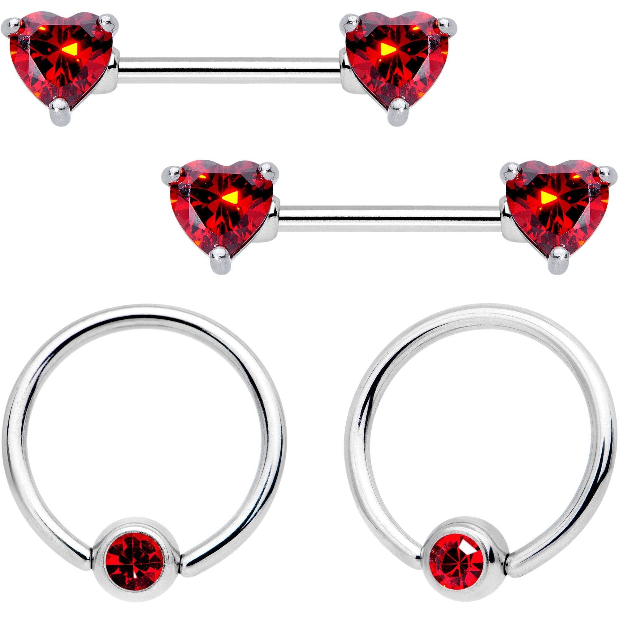 14G 5/8 Red Gem Heart Captive Ring Barbell Nipple Ring Set