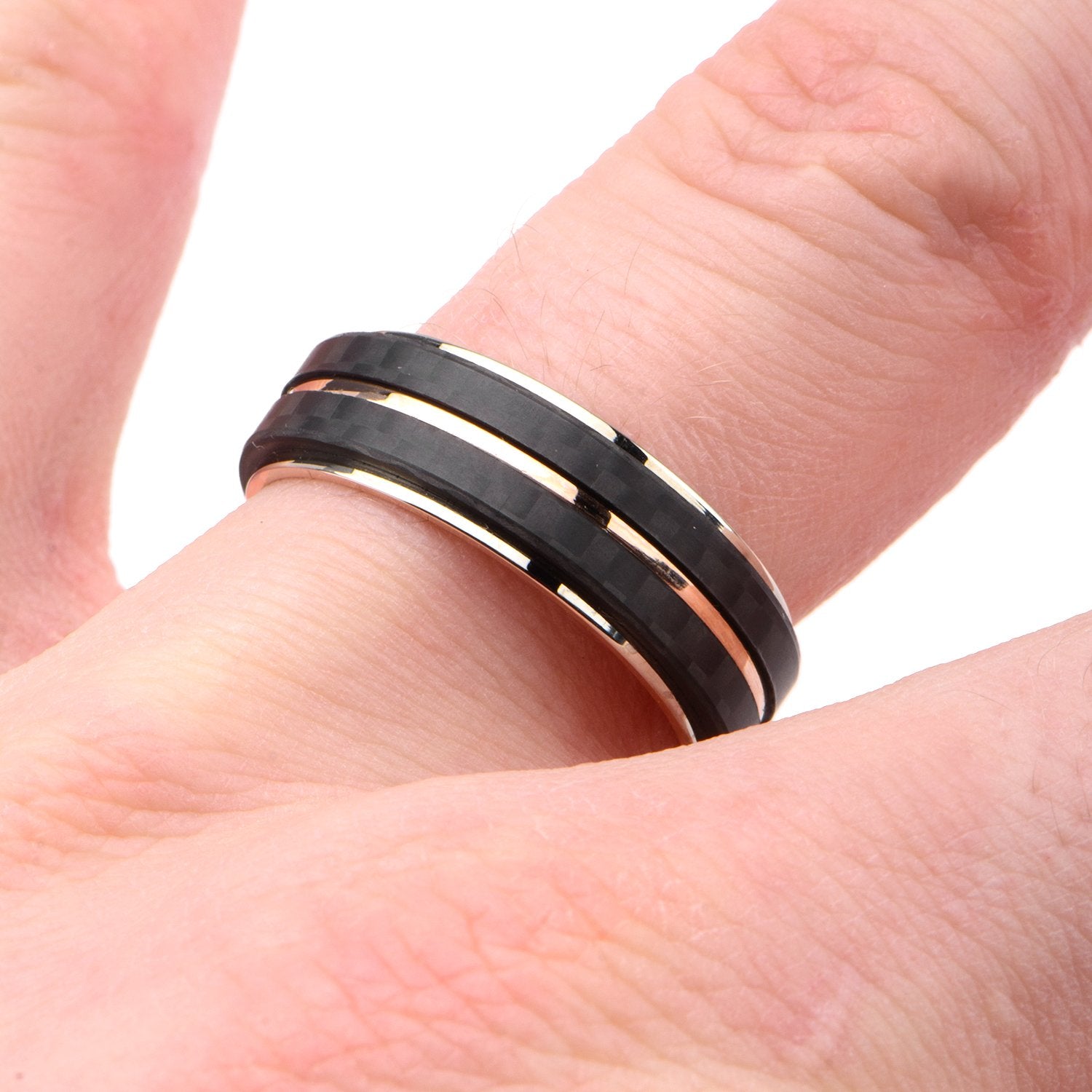 Mens Rose Gold IP Double Line Solid Carbon Fiber Stainless Steel Ring