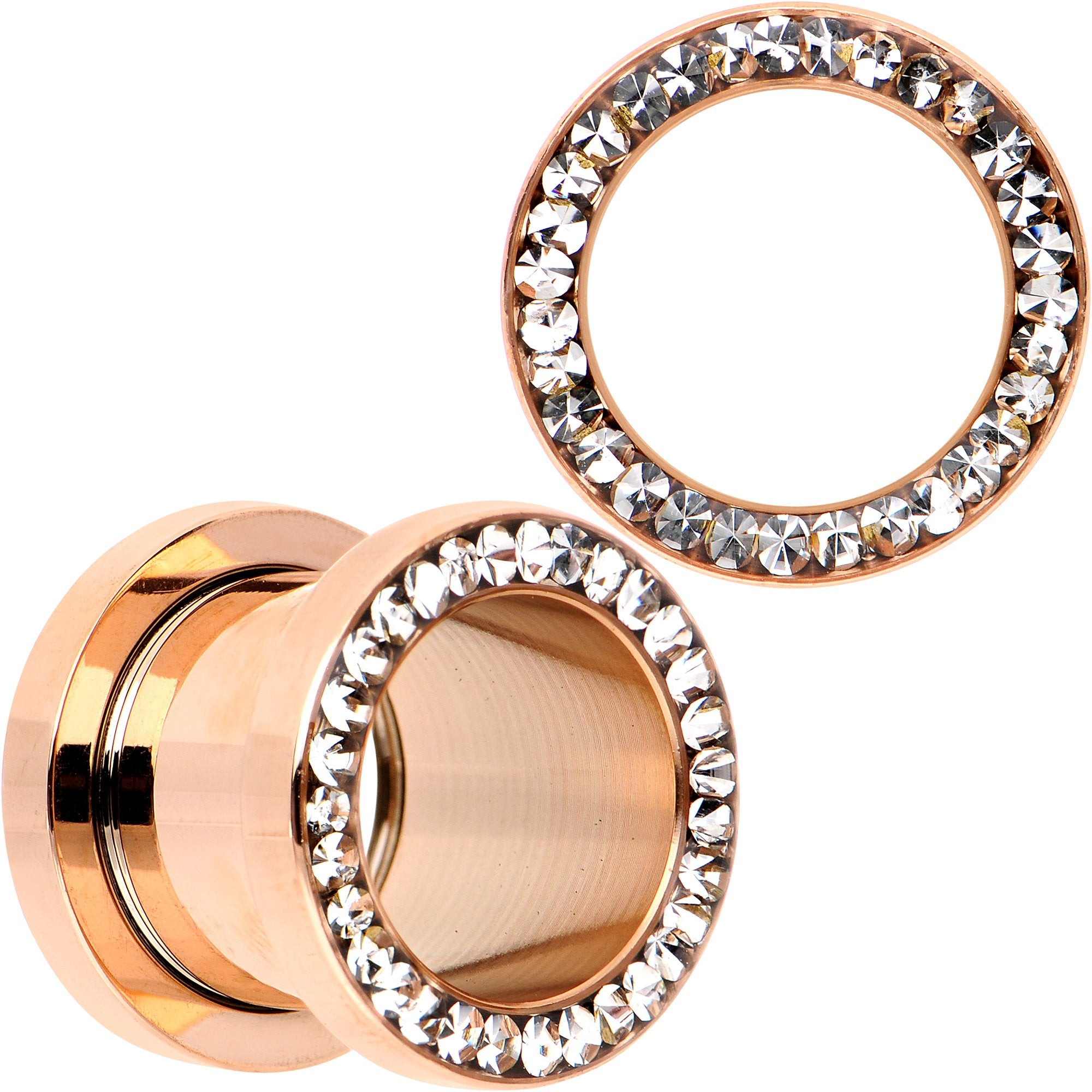Clear CZ Gem Rose Gold PVD Bling Screw Fit Tunnel Plug Set 3mm to 16mm