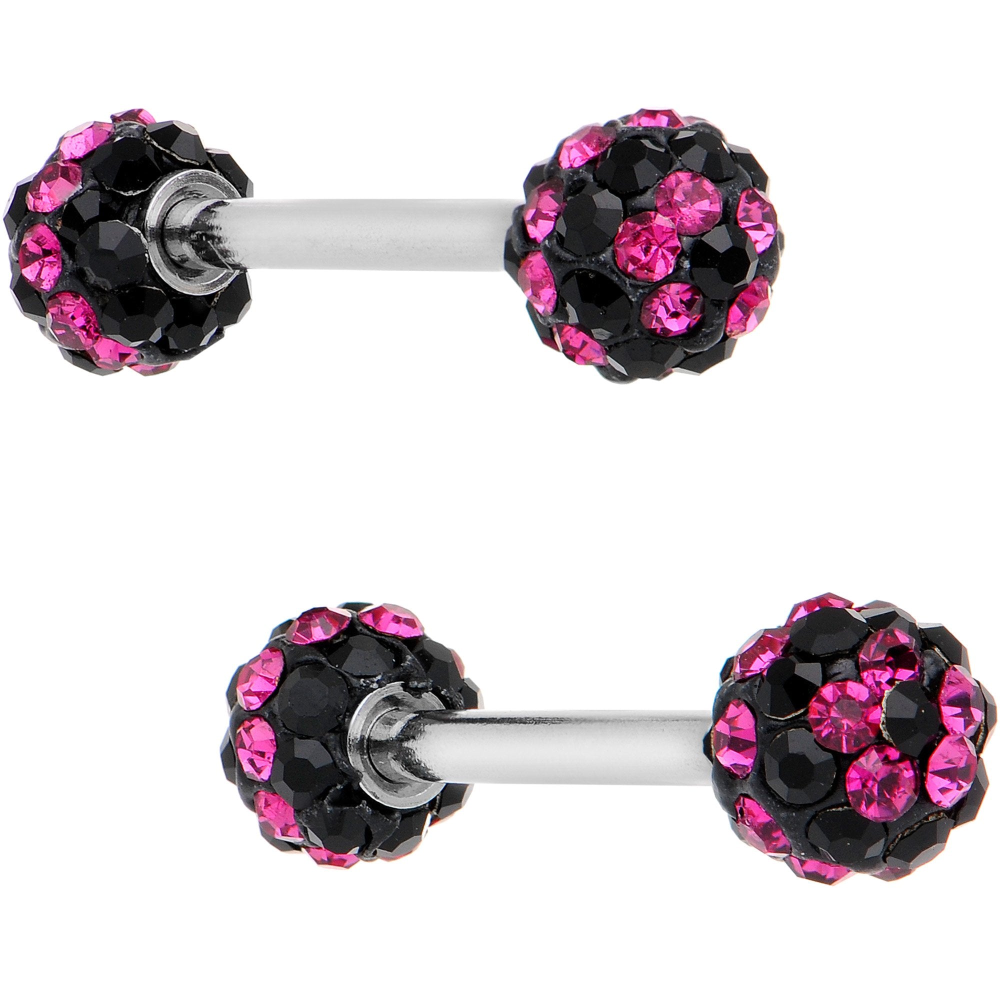 5/8 Black Pink CZ Gem Two Tone Stripe Barbell Nipple Ring Set