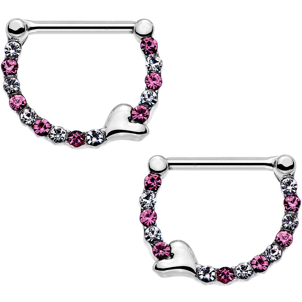 14 Gauge 1/2 Clear and Pink Gem Steel Heart Nipple Clicker Set
