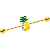 Clear Gem Gold PVD Half Paved Pineapple Industrial Barbell 38mm