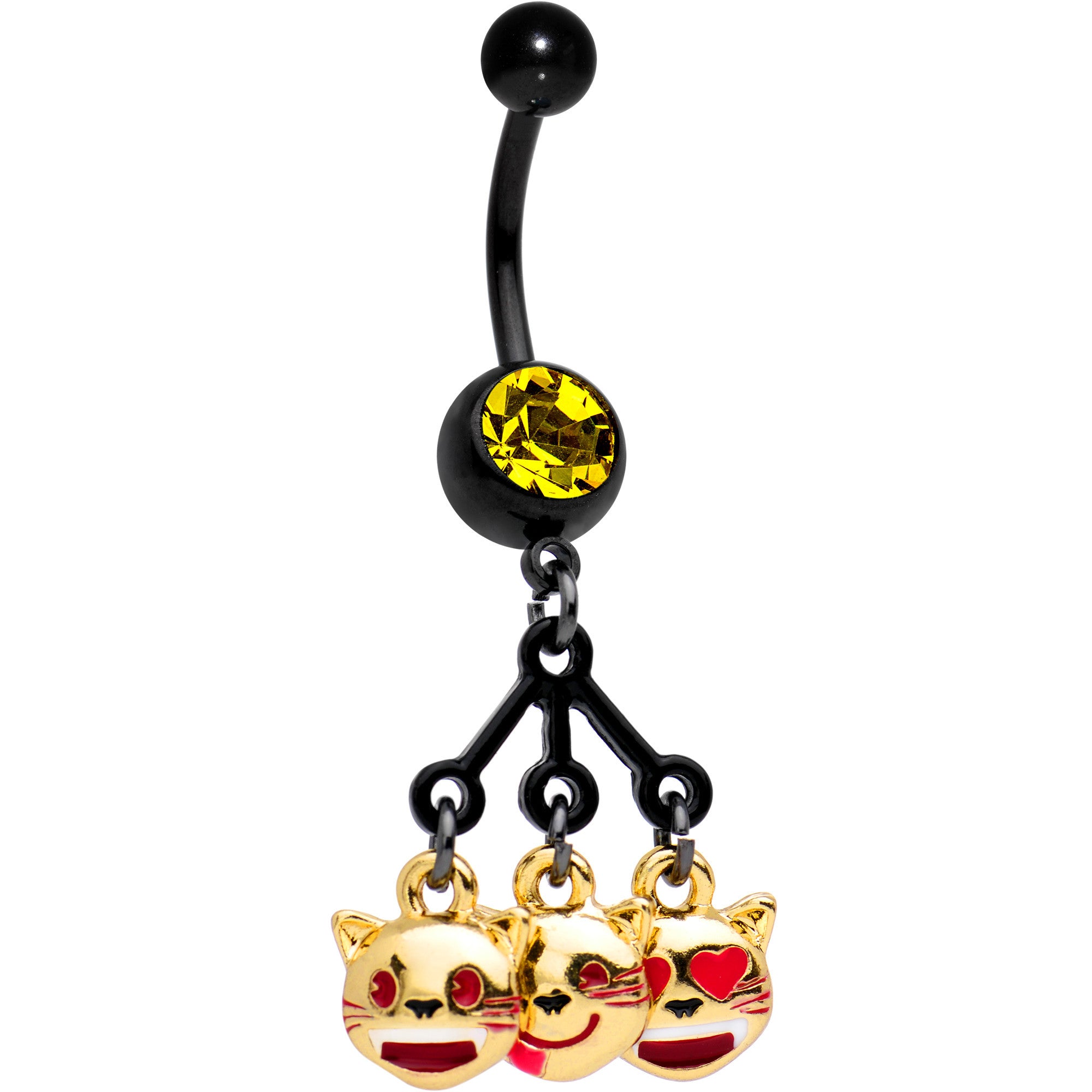 Licensed Smiling Cats emoji Yellow Gem Black Anodized Dangle Belly Ring