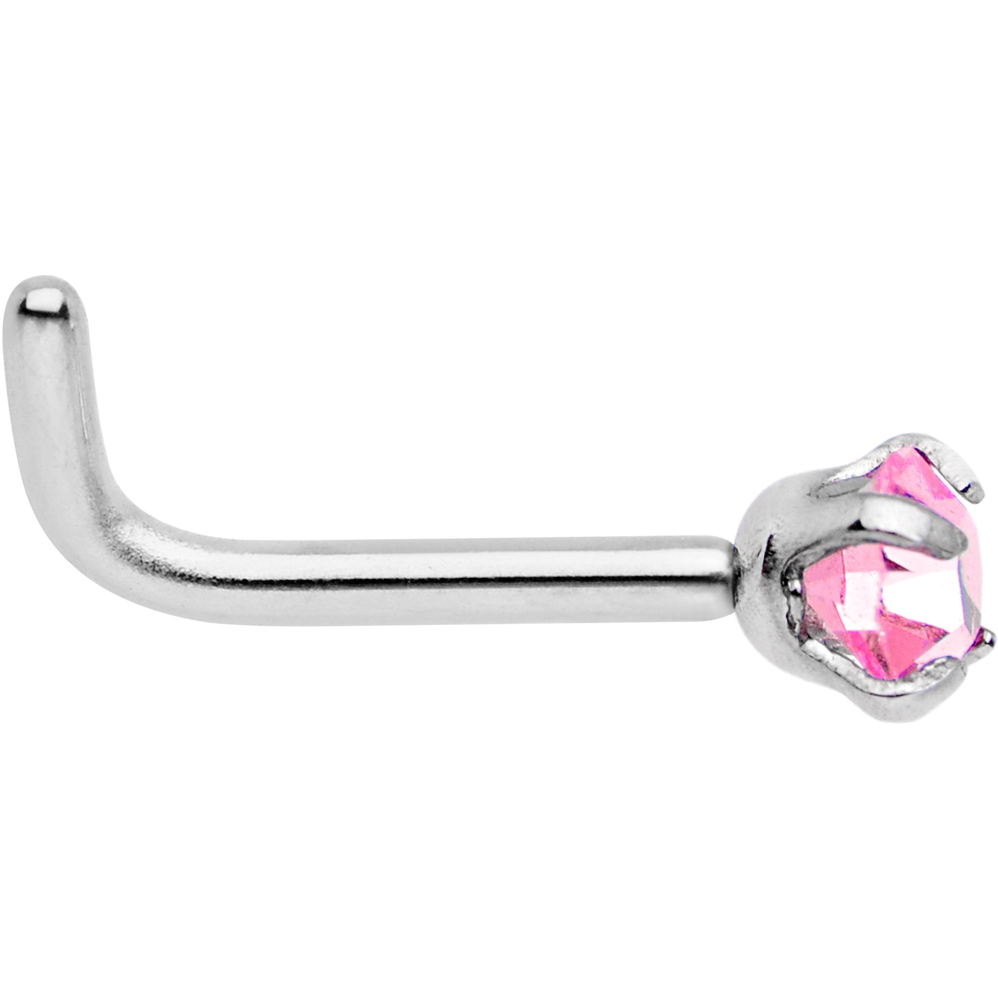18 Gauge 1/4 Pink 3mm CZ Gem Steel L-Shape Nose Ring