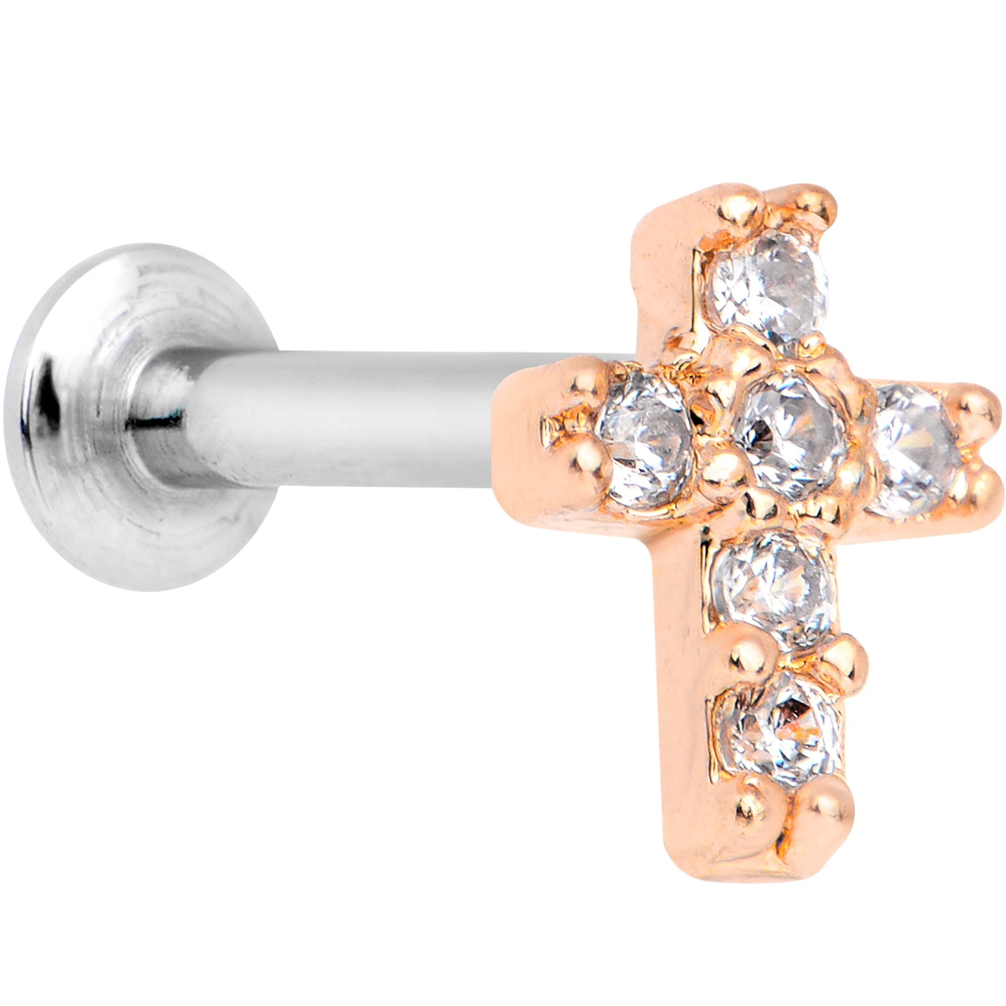 5/16 Clear CZ Rose Gold Tone Internally Threaded Cross Labret Monroe