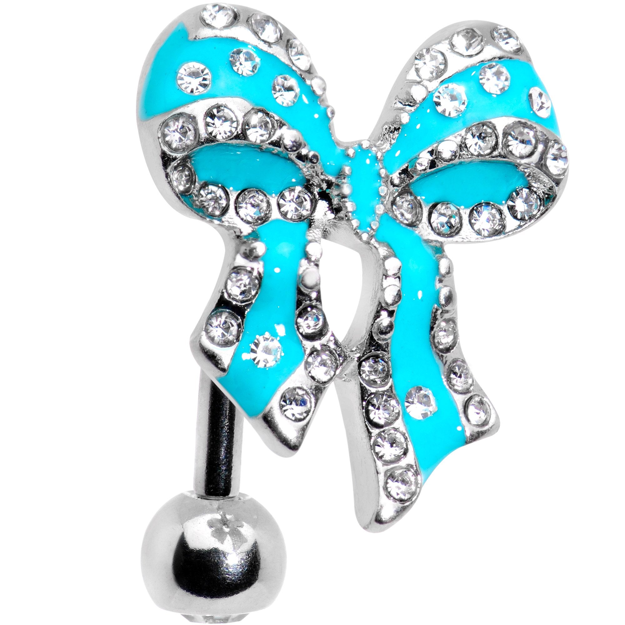 Clear Gem Bedazzled Blue Bow Top Mount Belly Ring