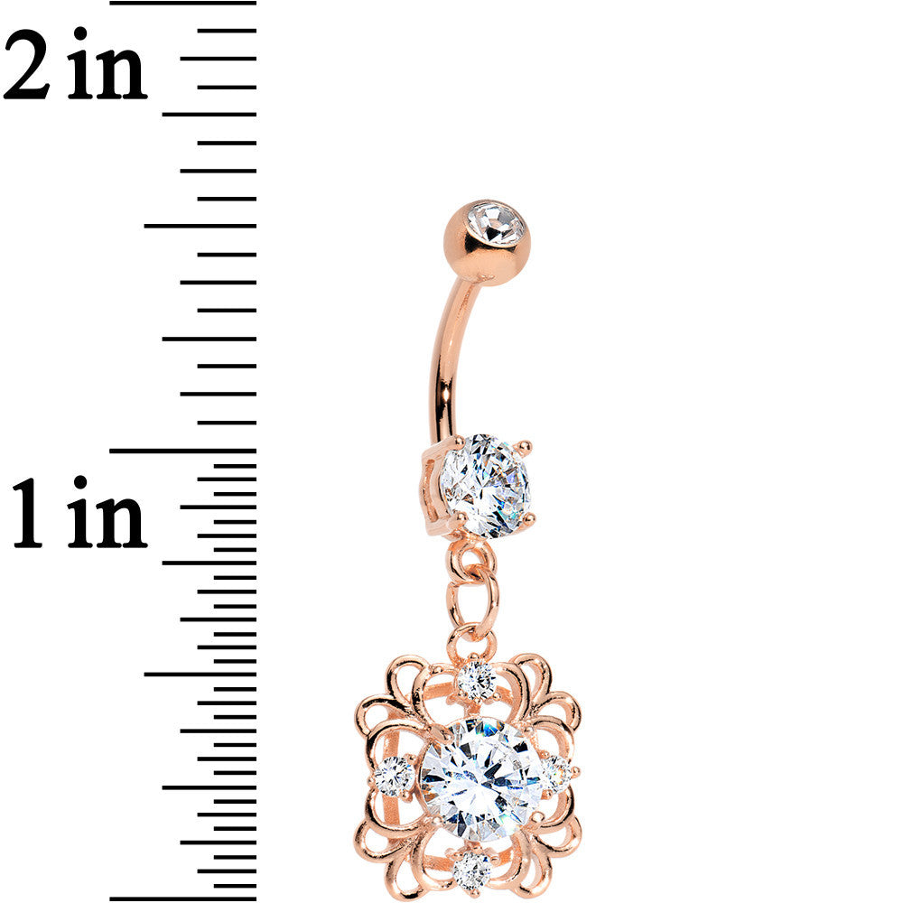 Clear CZ Gem Rose Gold Plated Steel Blooming Flower Dangle Belly Ring