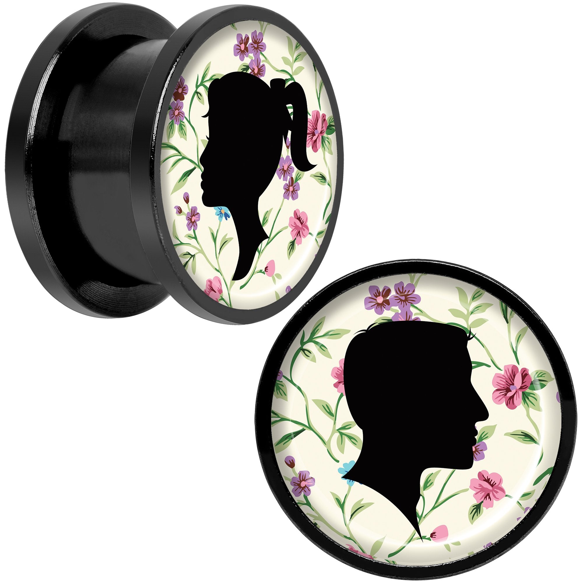 Man Woman Floral Silhouette Black Anodized Screw Fit Plug Set 9/16