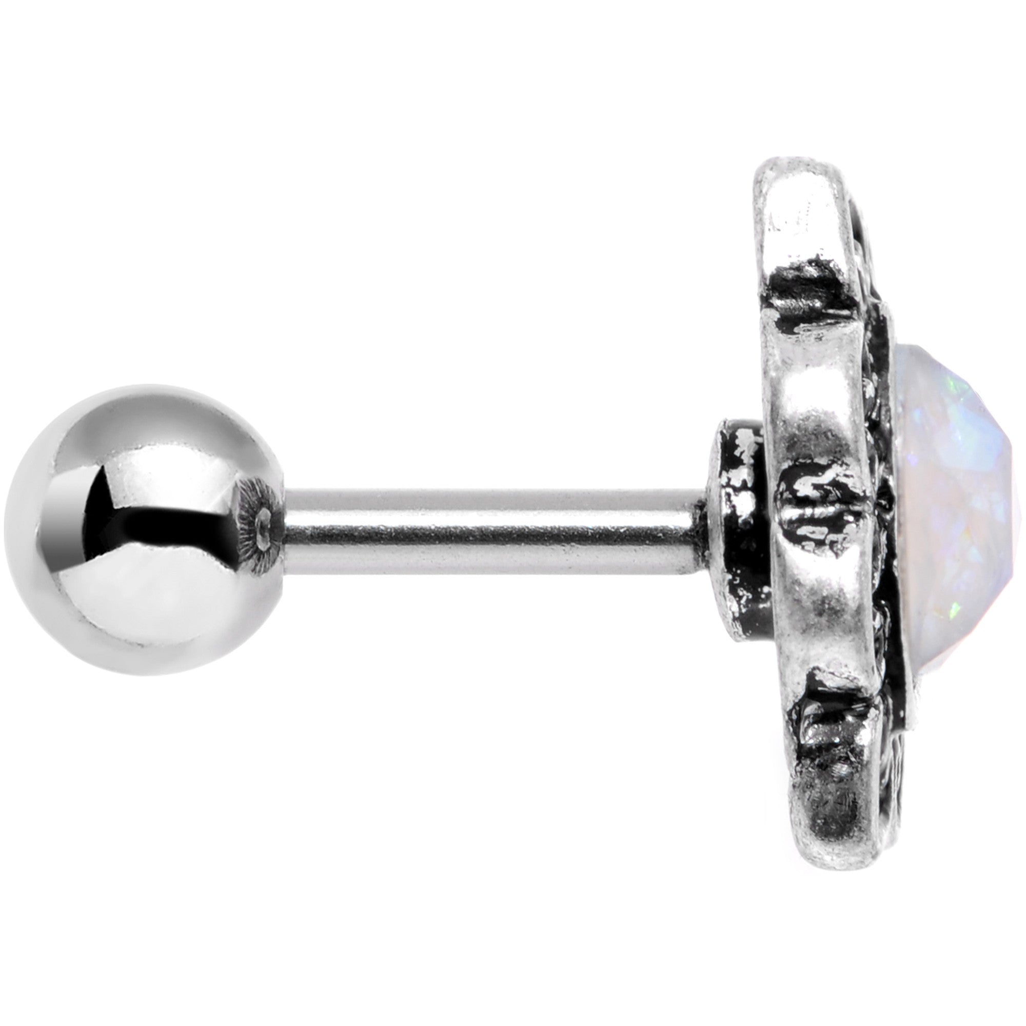 16G Iridescent White Faux Opal Ornate Tragus Cartilage Earring