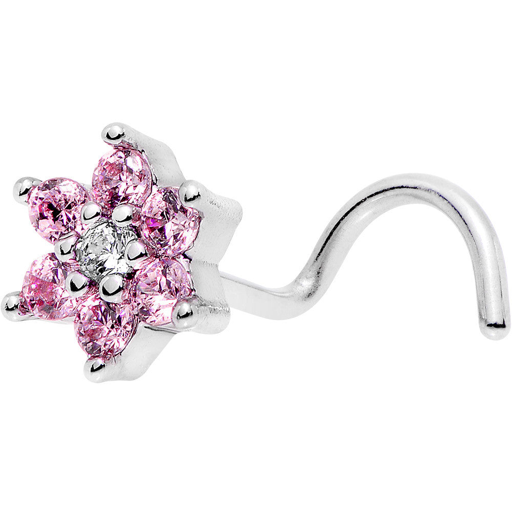 20G 1/4 Pink and Clear CZ Gem Flower Left Nose Screw