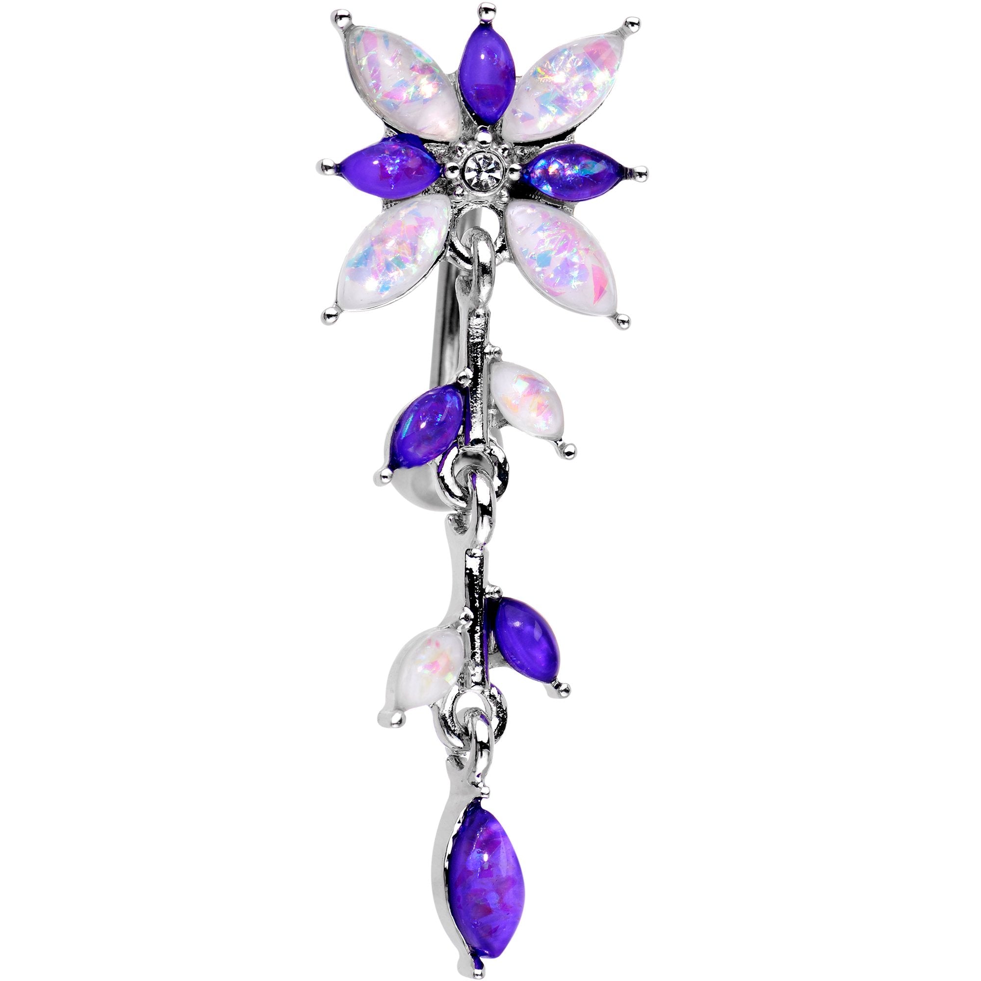 White Purple Gem Frosted Flower Trail Top Mount Dangle Belly Ring