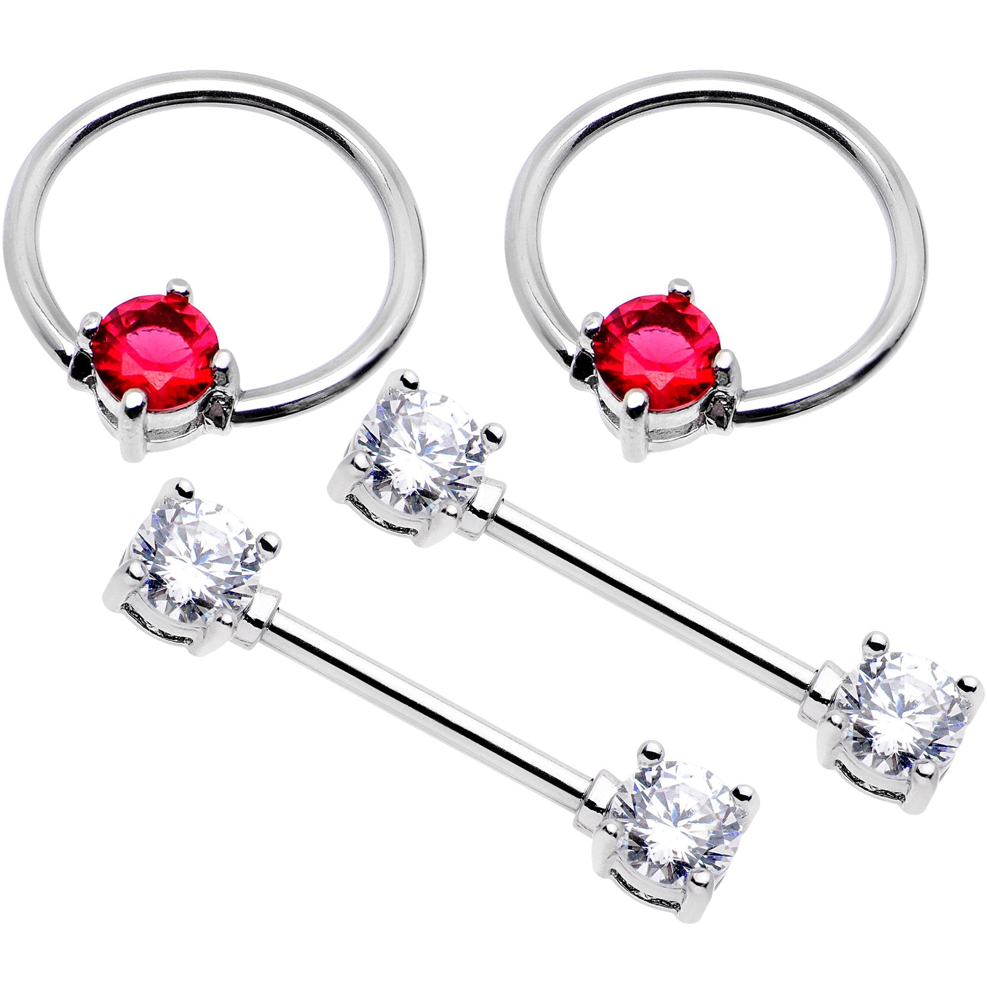 5/8 Clear Pink Gem Captive Ring Straight Barbell Nipple Ring Set