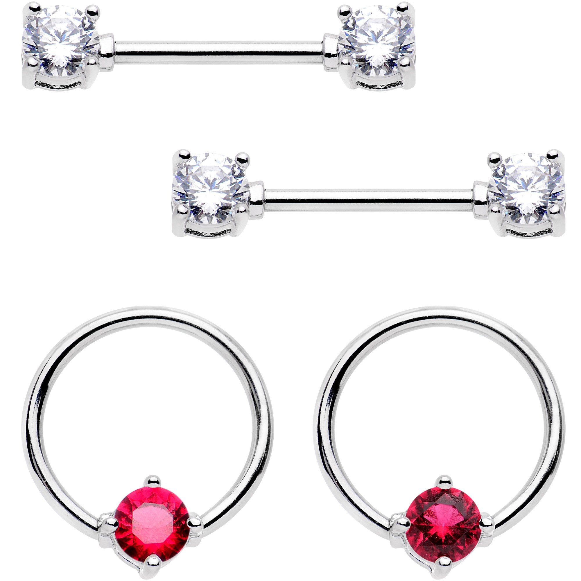 5/8 Clear Pink Gem Captive Ring Straight Barbell Nipple Ring Set