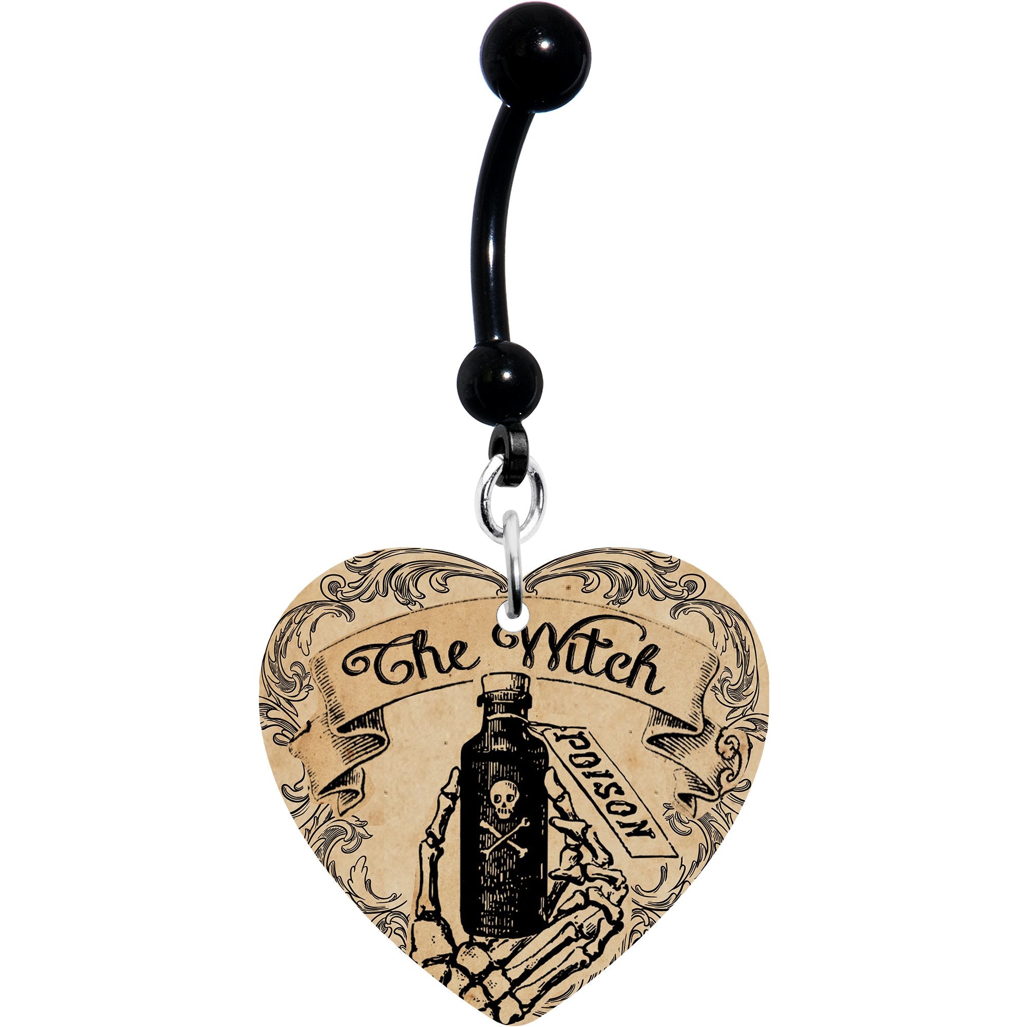 Witches Brew Poison Potion Halloween Black Heart Dangle Hypoallergenic Stainless Steel Belly Ring