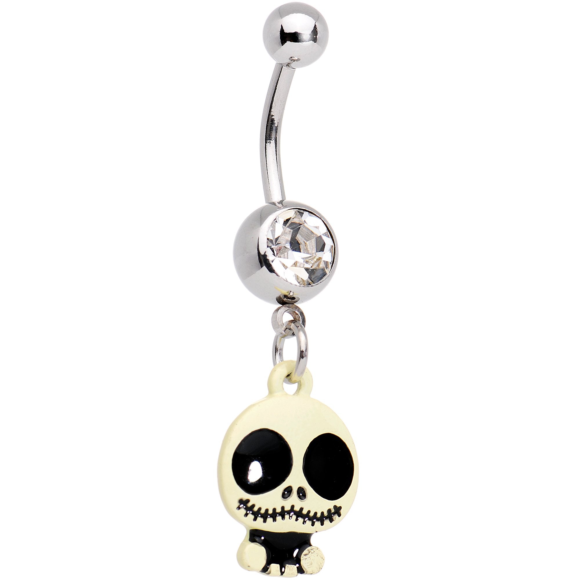 Clear Gem Black and White Cute Skeleton Halloween Dangle Belly Ring