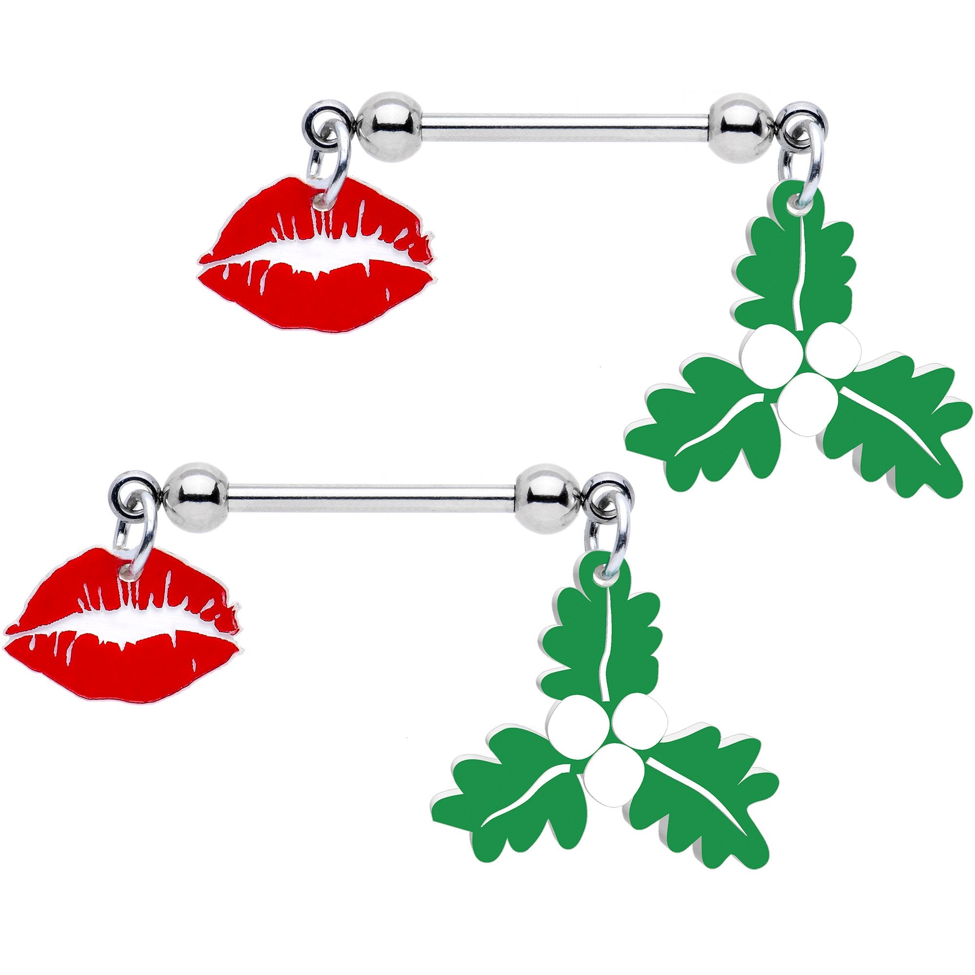 Handcrafted Christmas Kiss Me Mistletoe Dangle Nipple Ring Set