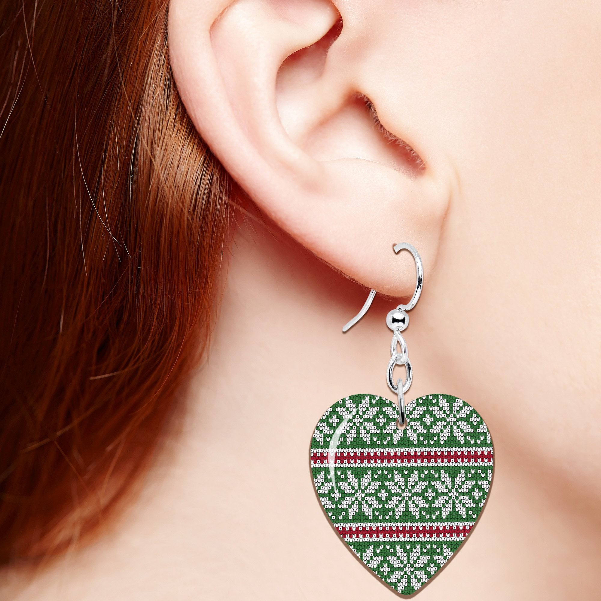 Green Red Christmas Sweater Heart Fishhook Dangle Earrings lightweight body jewelry