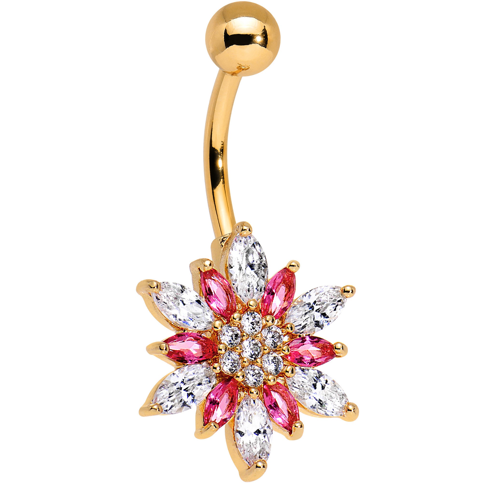 Clear Pink CZ Gem Gold Anodized Holiday Flower Belly Ring