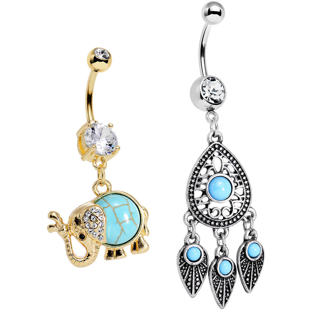 Faux Turquoise Elephant and Dreamcatcher Dangle Belly Ring Set