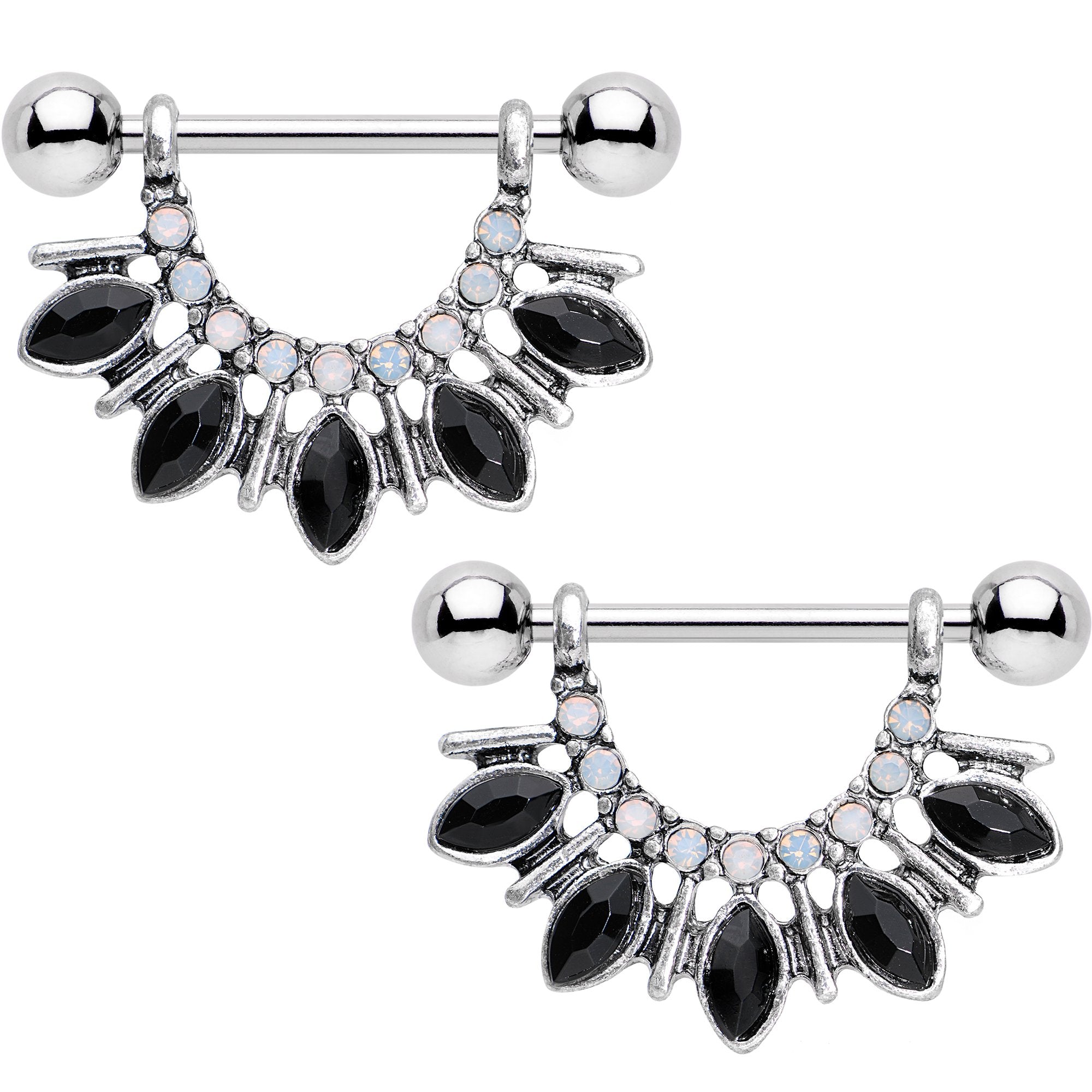 White Faux Opal Black Gem Deco Dash Nipple Shield Set