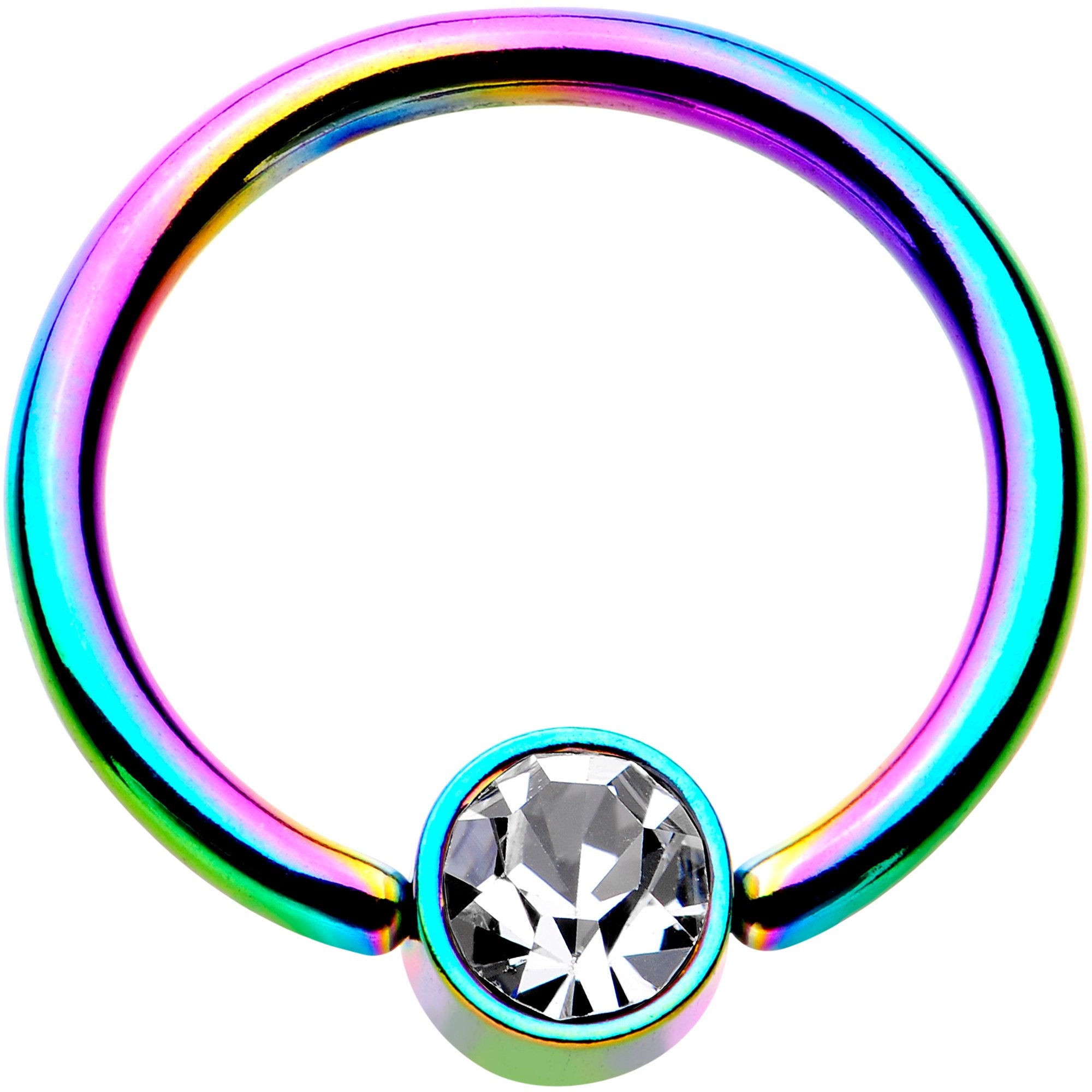 16G 3/8 Clear Gem 4mm Disc Rainbow IP BCR Captive Ring