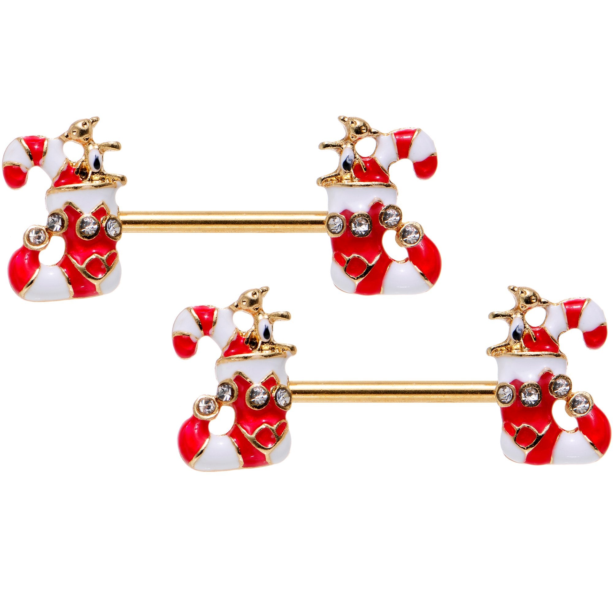 Clear Gem Gold PVD Christmas Candy Cane Barbell Nipple Ring Set