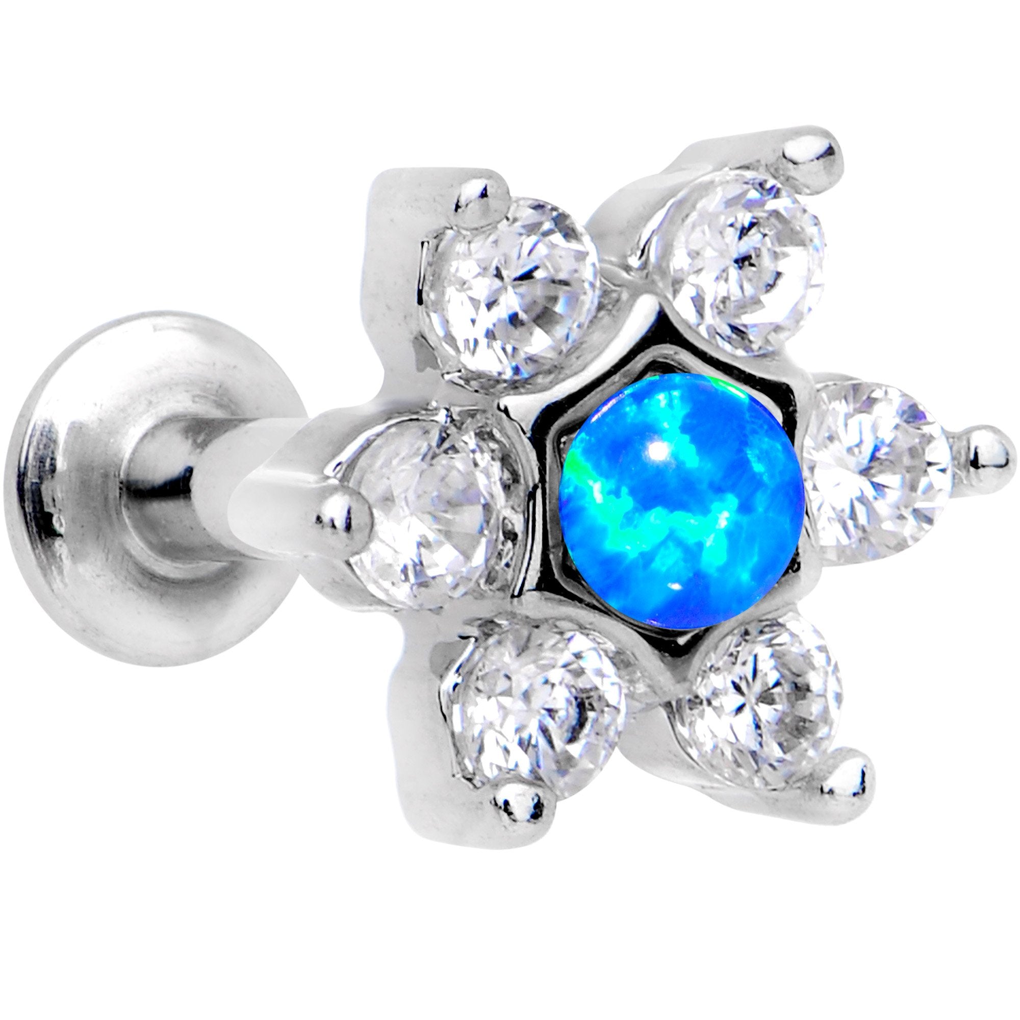 1/4 Blue Faux Opal Internally Threaded Star Flower Labret Monroe