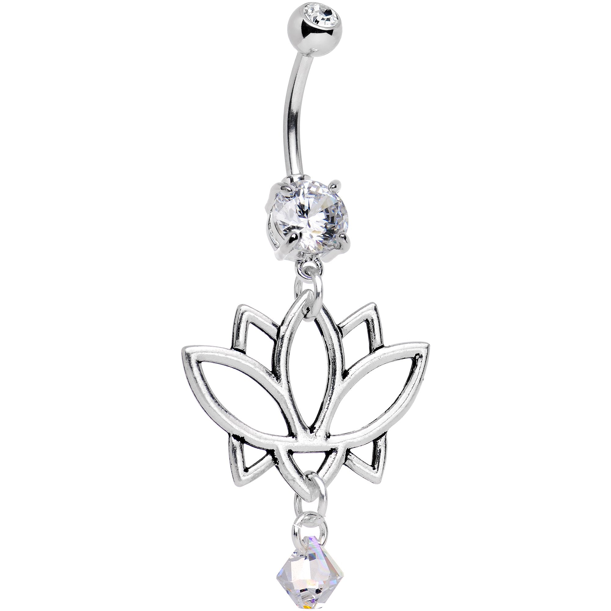 Clear Gem Lotus Flower Dangle Belly Ring Created with Crystals