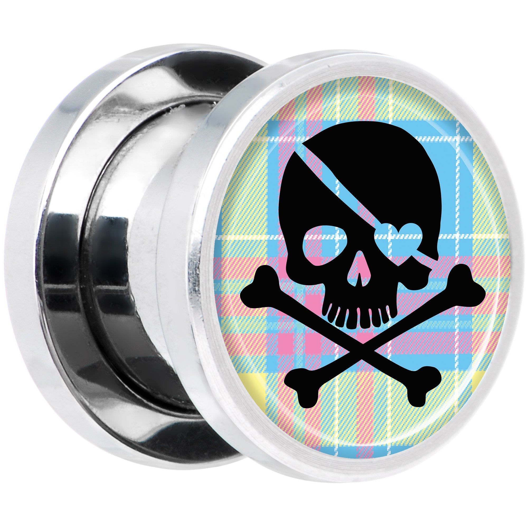 Pink Green Plaid Heart Skull Steel Screw Fit Plug Set 00G